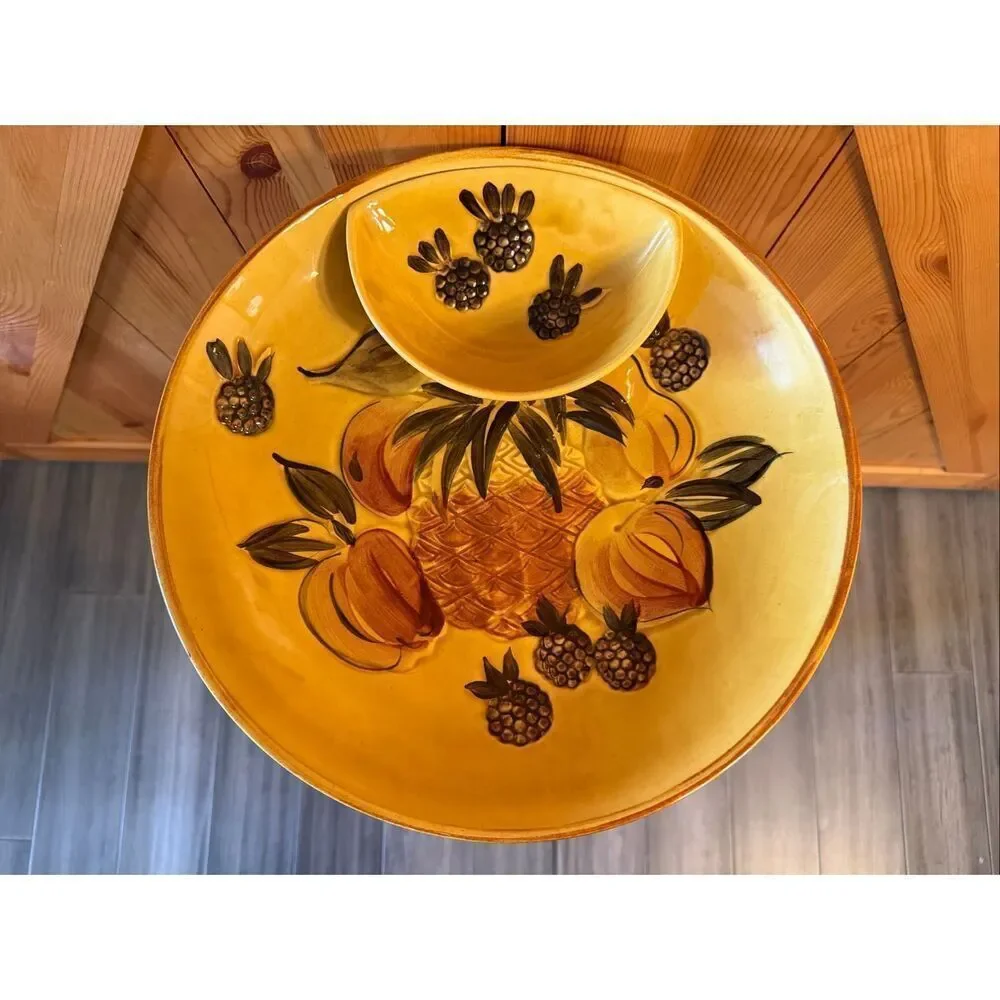 California Pottery, Los Angeles Pottery, Chip Dip Platter Fruit Gold (7040) MCM